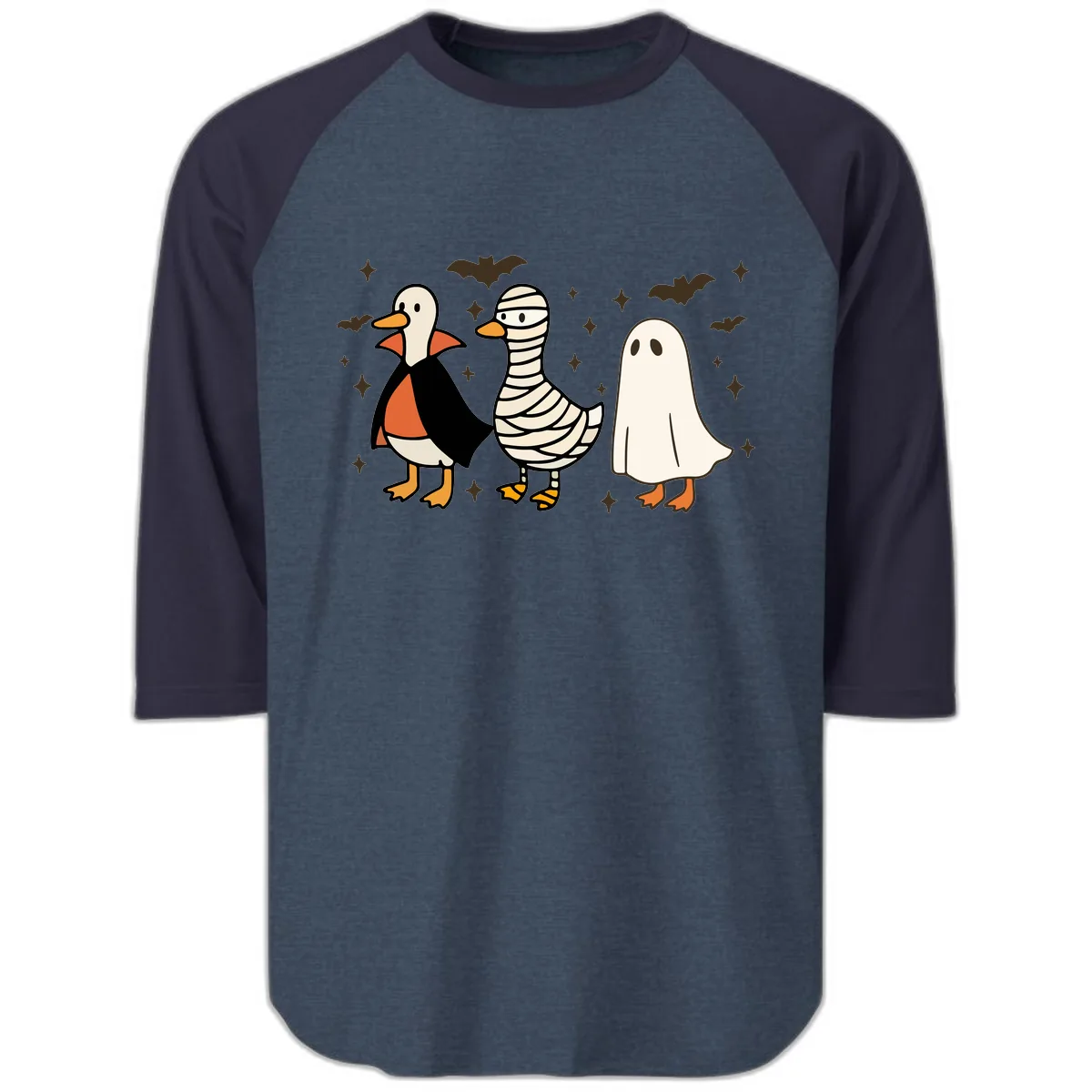 Ducks in Halloween Costumes Trio Raglan 3/4 in Heather Denim Navy