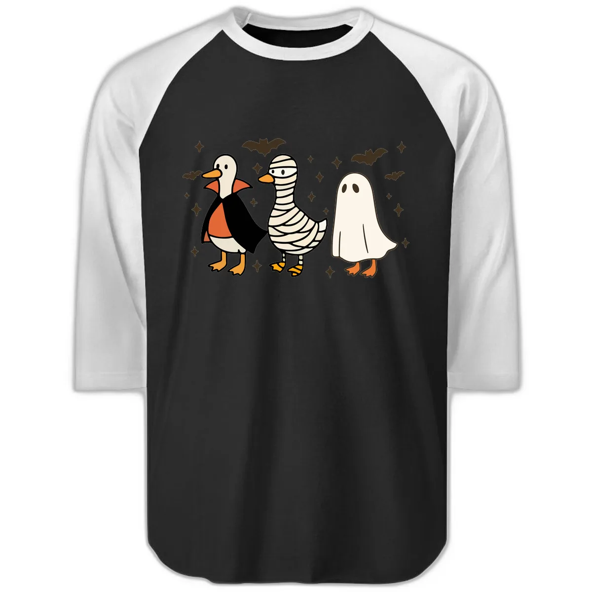Ducks in Halloween Costumes Trio Raglan 3/4 in Black White