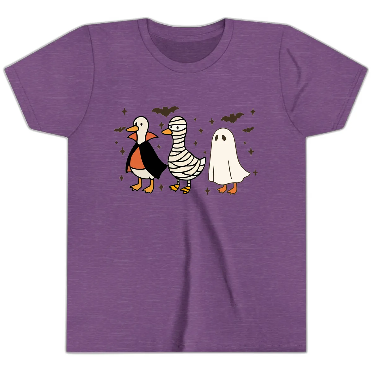 Ducks in Halloween Costumes Trio Youth T-Shirt in Heather Team Purple