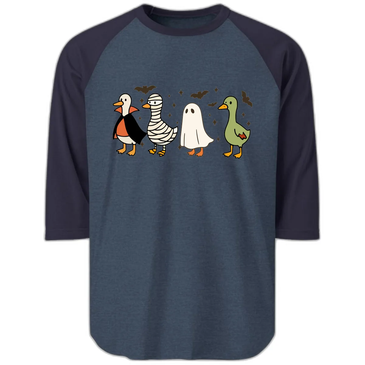 Halloween Ducks In Costume Raglan 3/4 in Heather Denim Navy