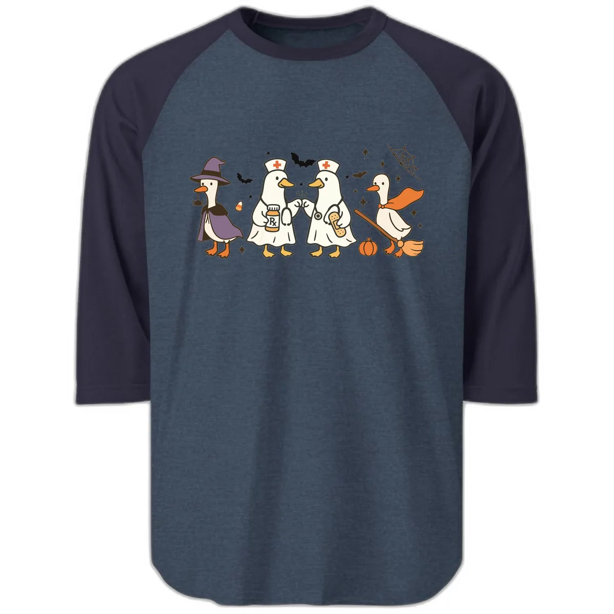 Halloween Duck Doctor Nurses Raglan 3/4 in Heather Denim Navy