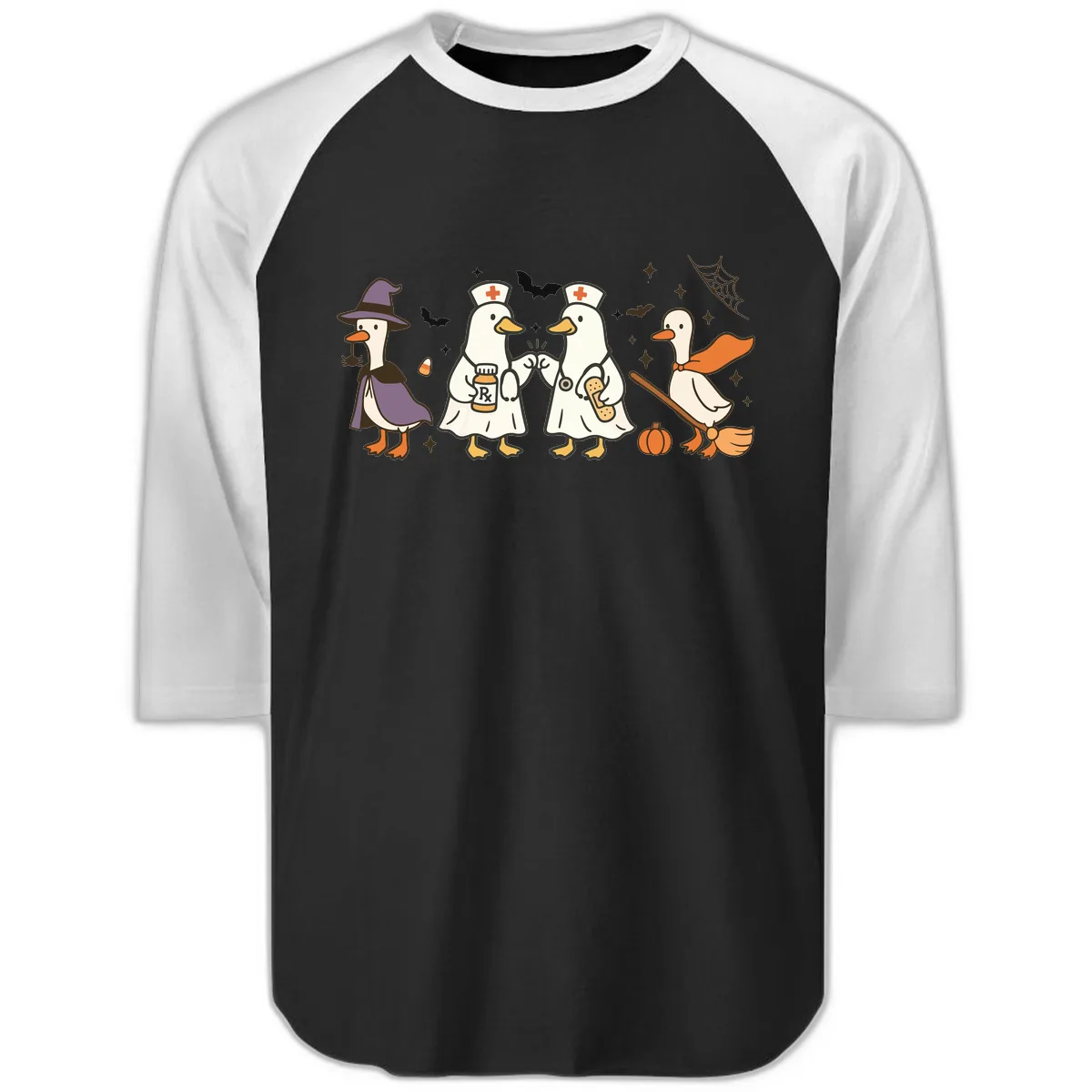 Halloween Duck Doctor Nurses Raglan 3/4 in Black White