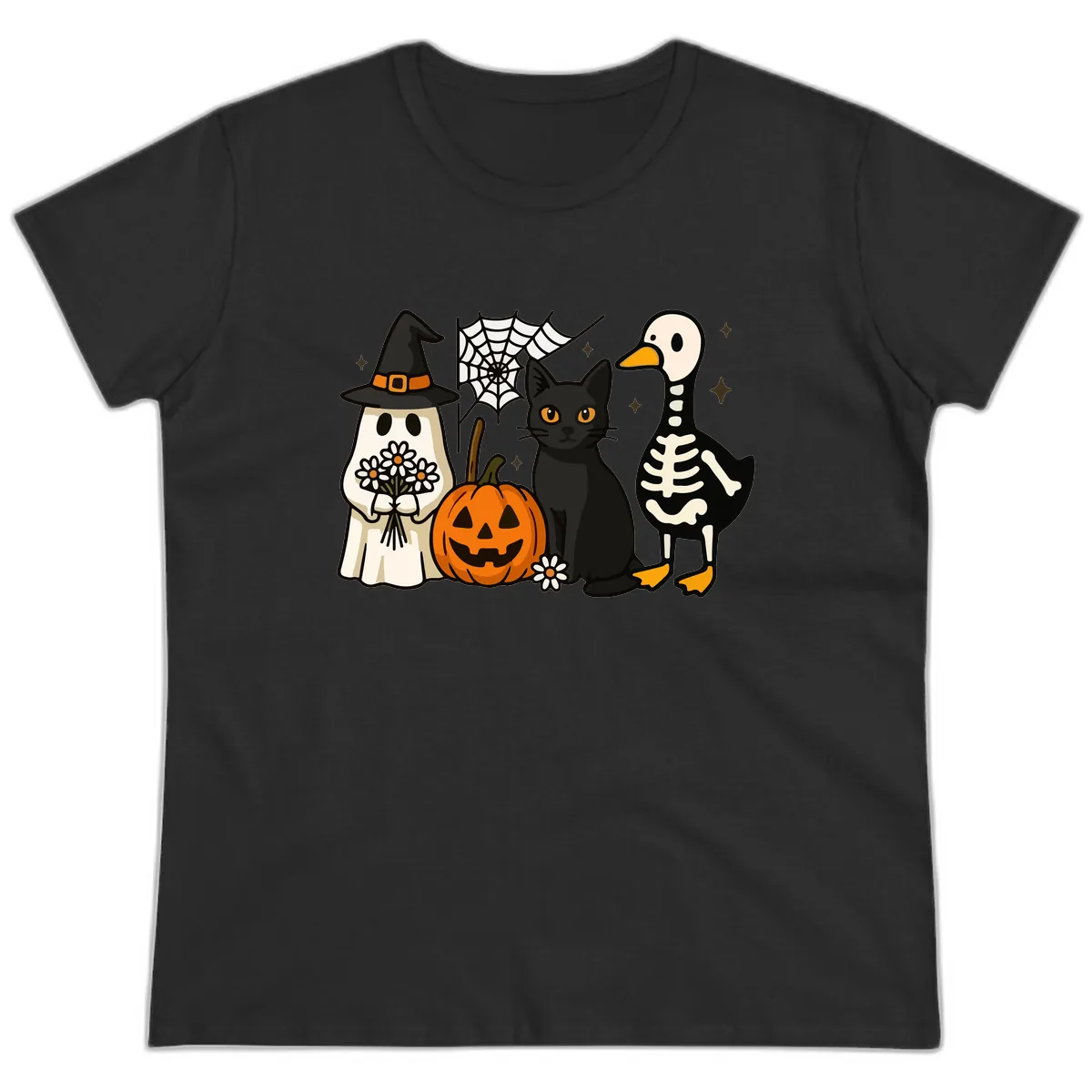 Ghostly Halloween Pals Design Ladies Tee in Black