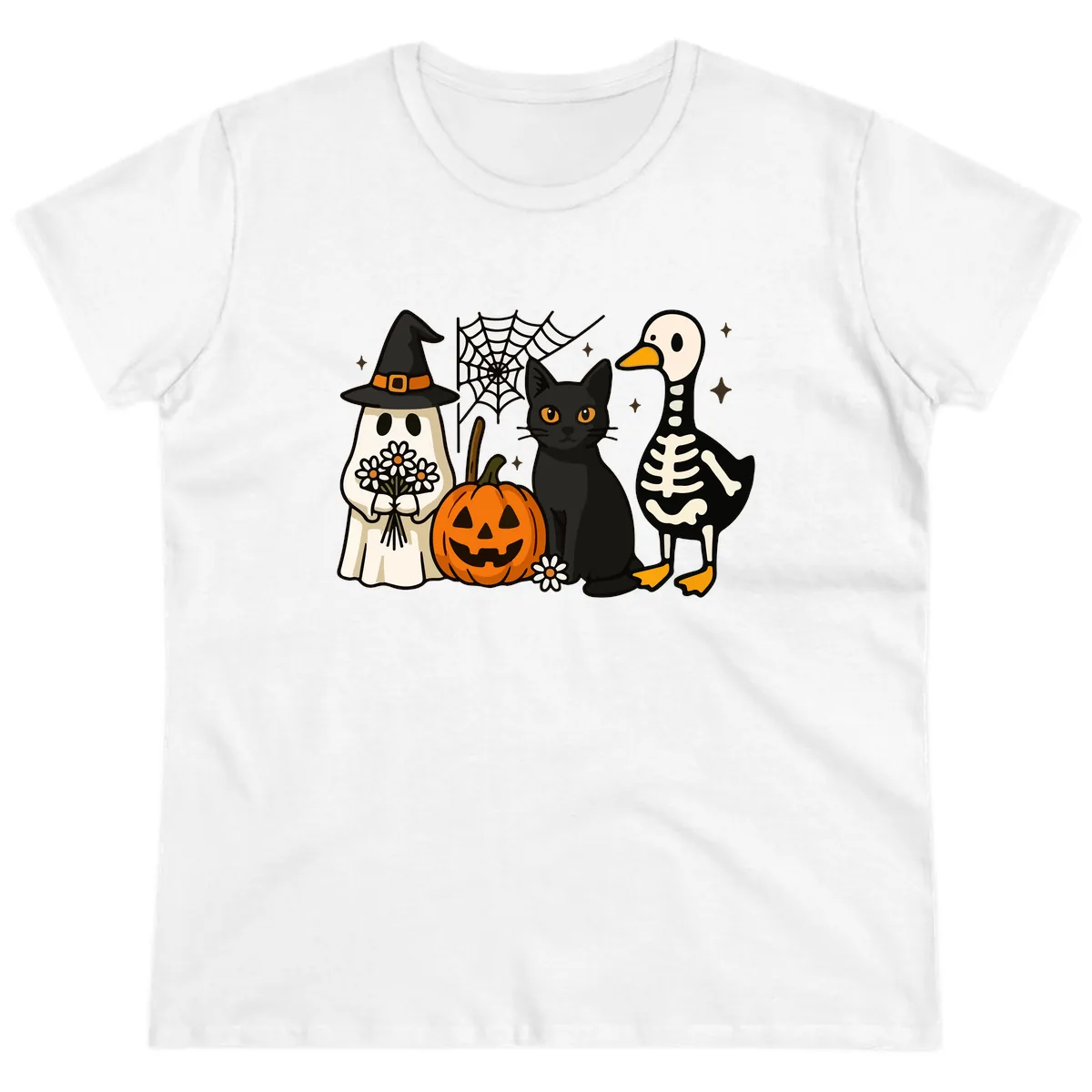 Ghostly Halloween Pals Design Ladies Tee in White