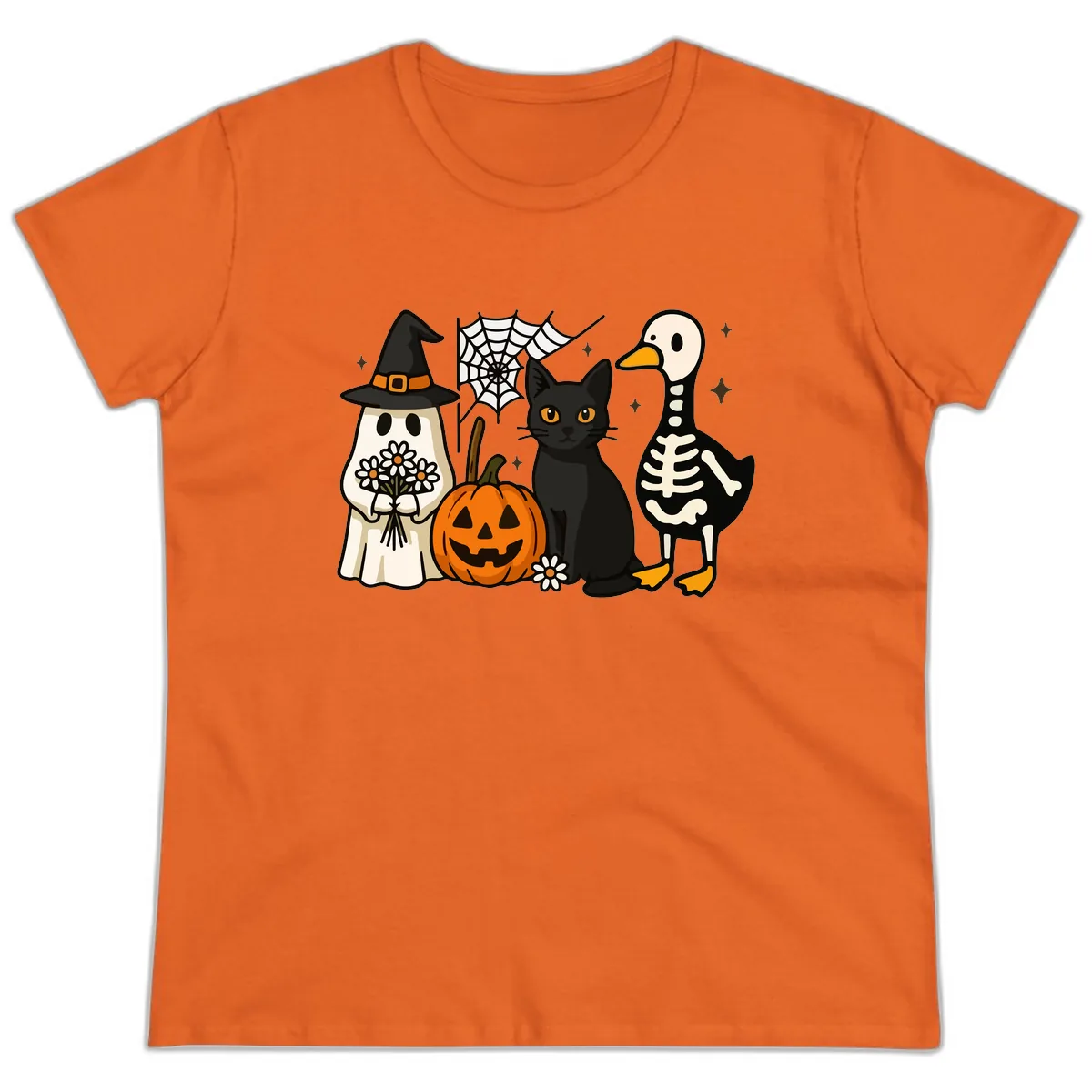 Ghostly Halloween Pals Design Ladies Tee in Orange
