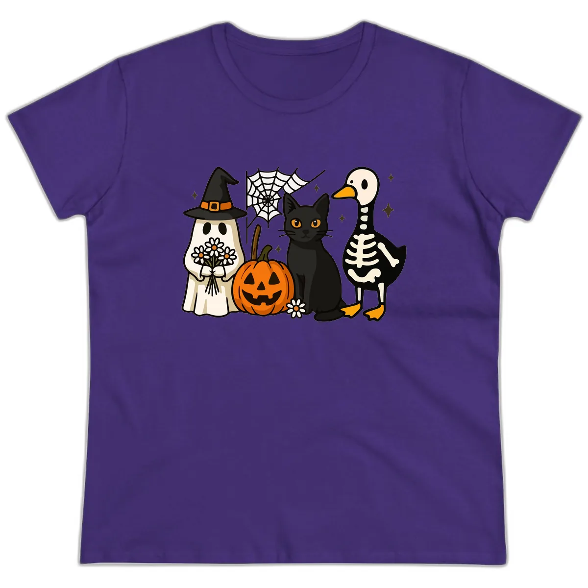 Ghostly Halloween Pals Design Ladies Tee in Purple