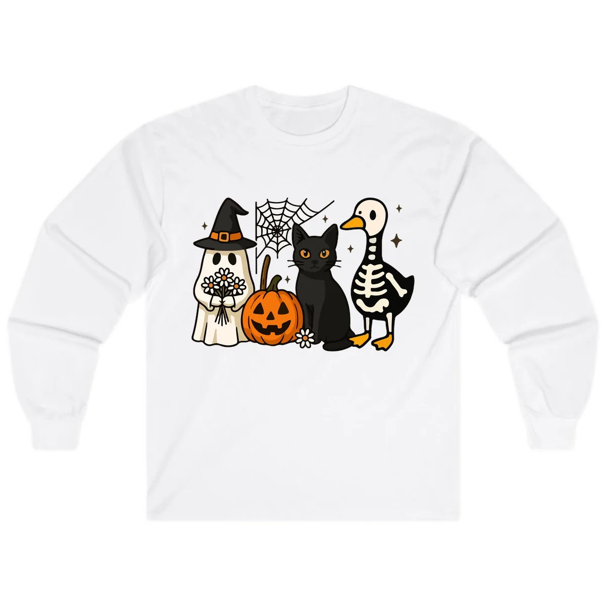 Ghostly Halloween Pals Design Long Sleeve in White