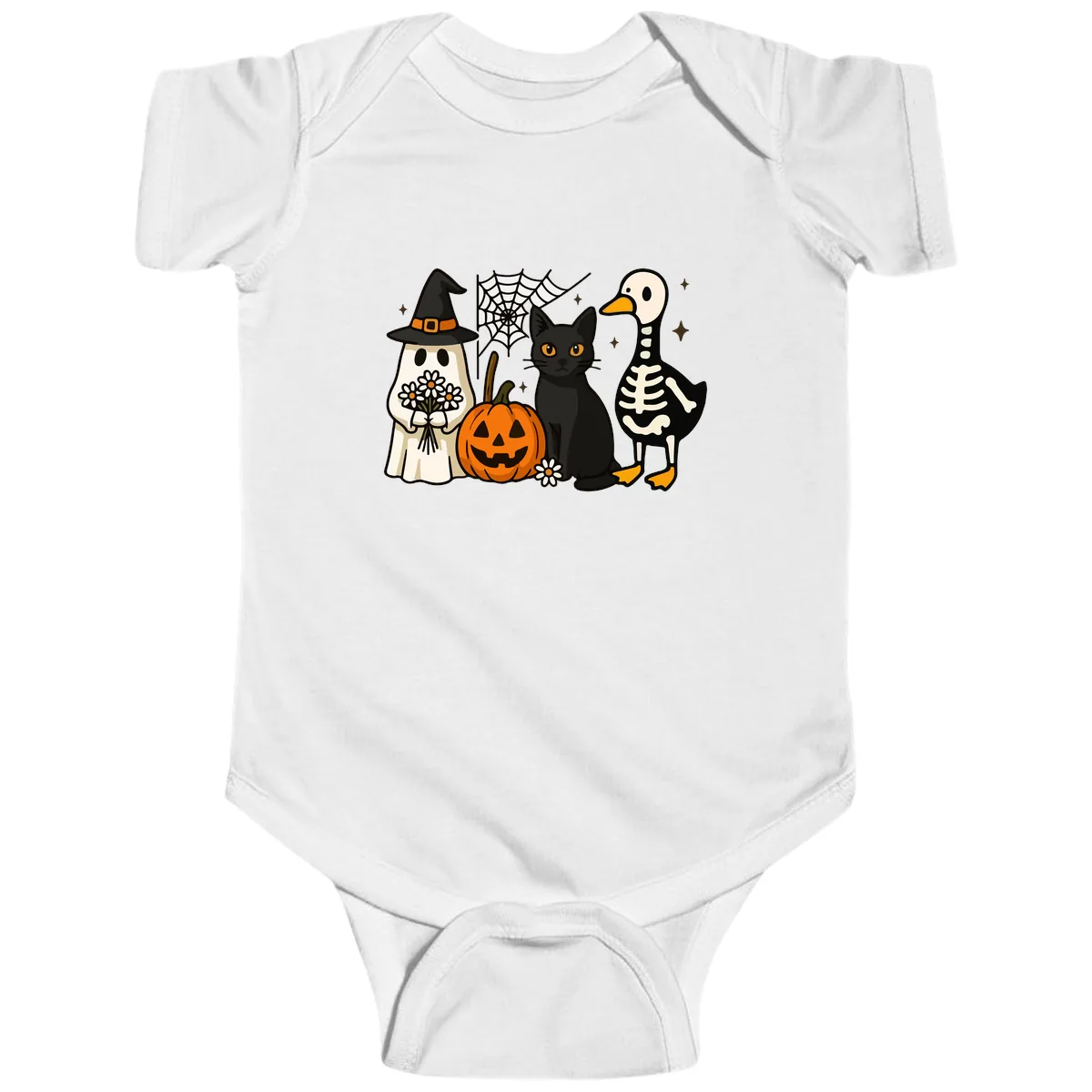 Ghostly Halloween Pals Design Baby Onesie in White
