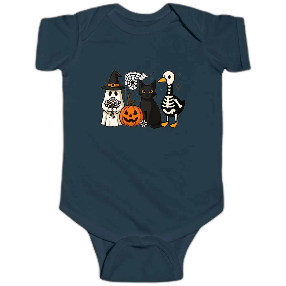 Ghostly Halloween Pals Design Baby Onesie in Navy