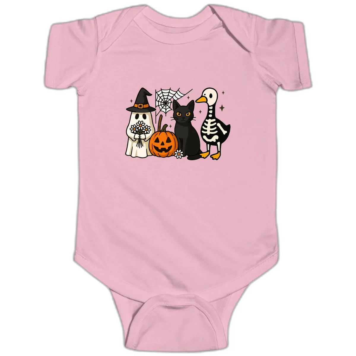 Ghostly Halloween Pals Design Baby Onesie in Pink