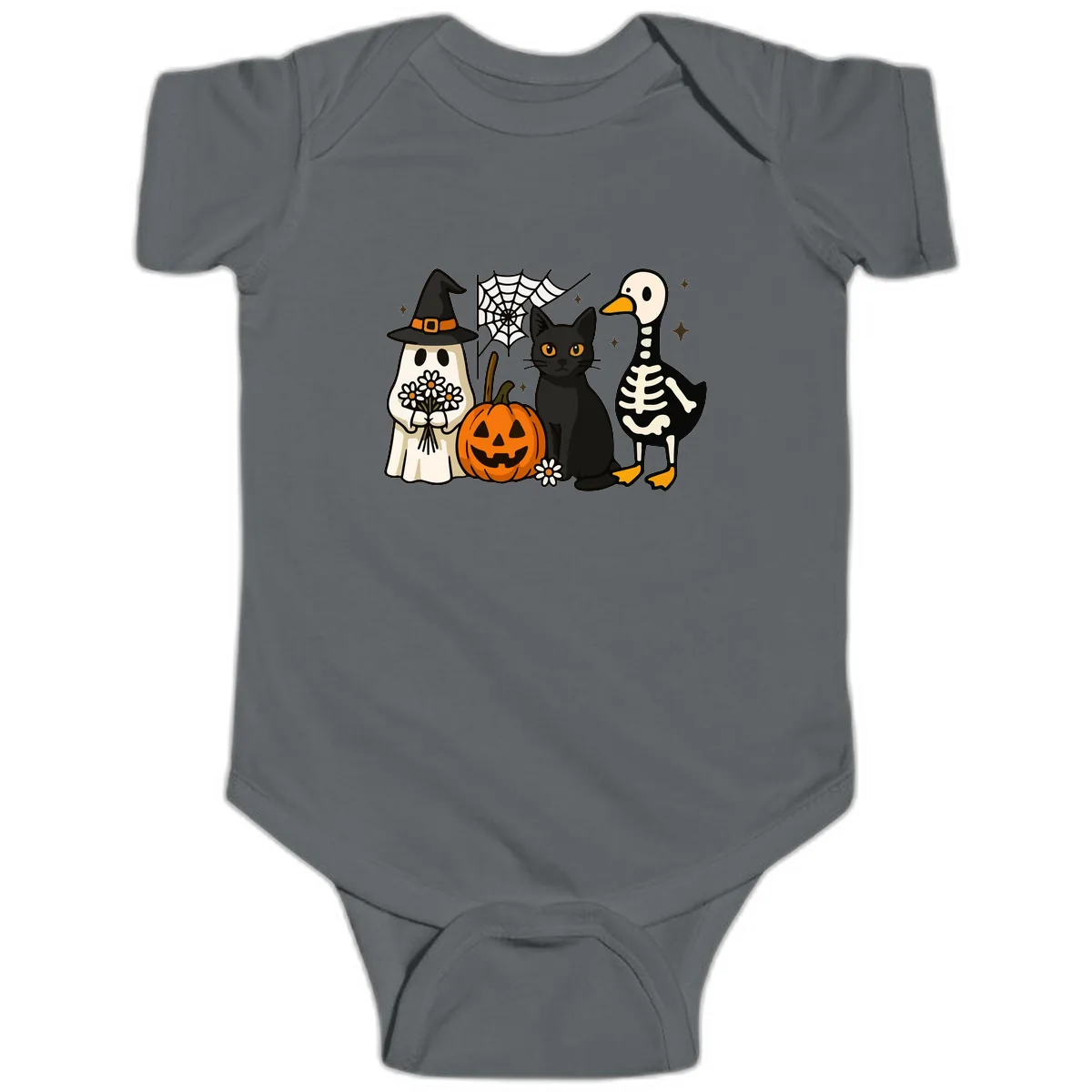 Ghostly Halloween Pals Design Baby Onesie in Charcoal