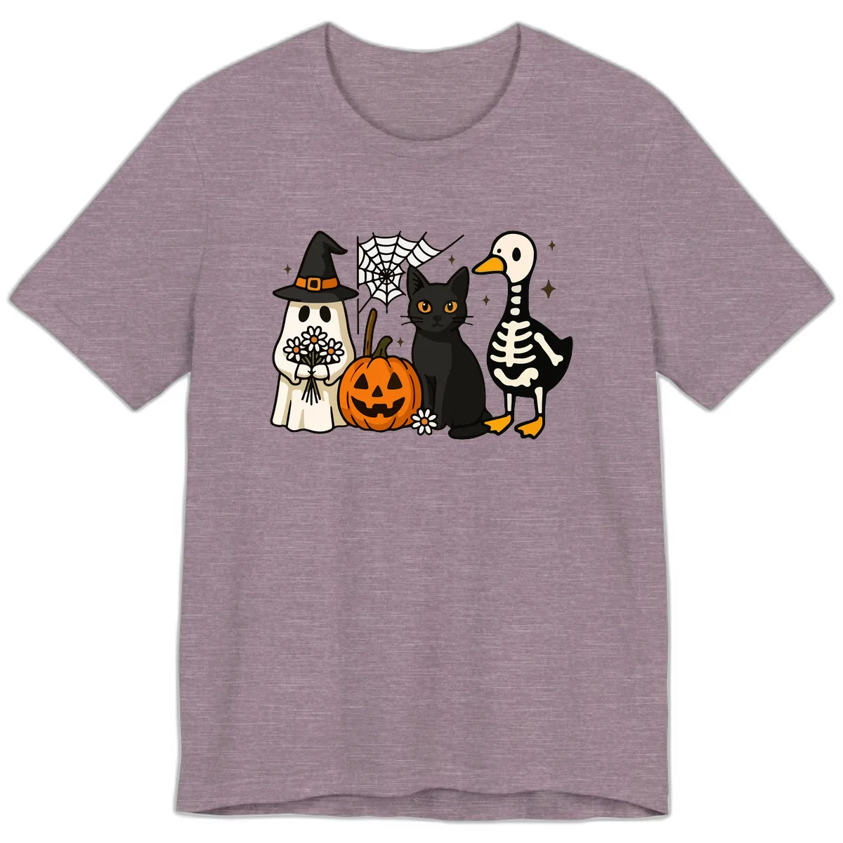 Ghostly Halloween Pals Design Premium T-Shirt in Heather Purple