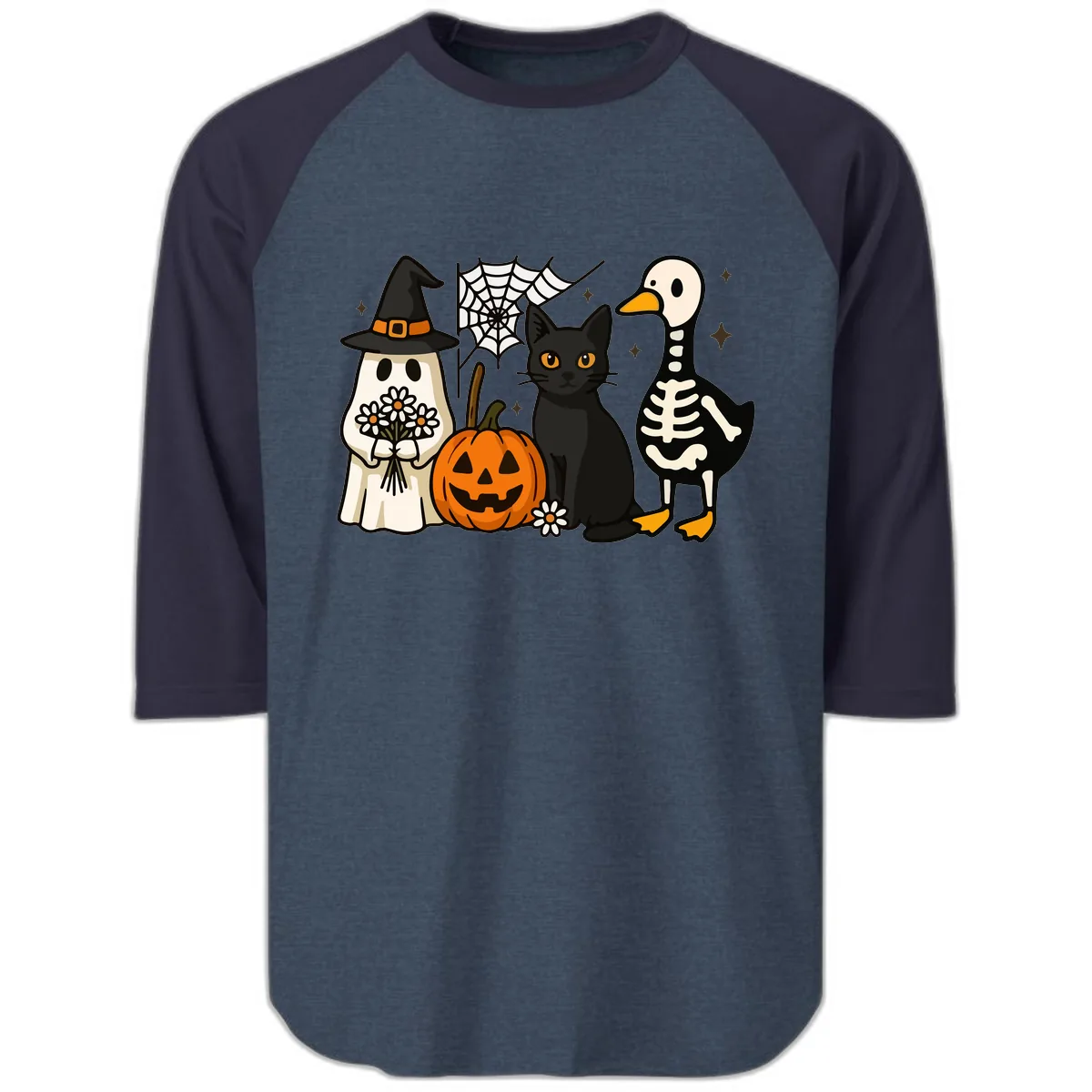 Ghostly Halloween Pals Design Raglan 3/4 in Heather Denim Navy