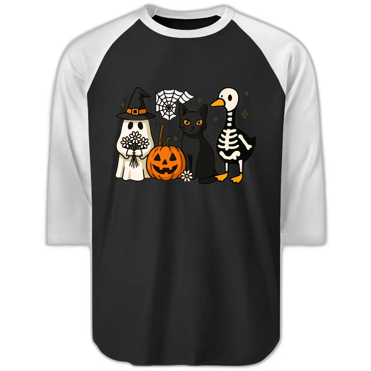 Ghostly Halloween Pals Design Raglan 3/4 in Black White