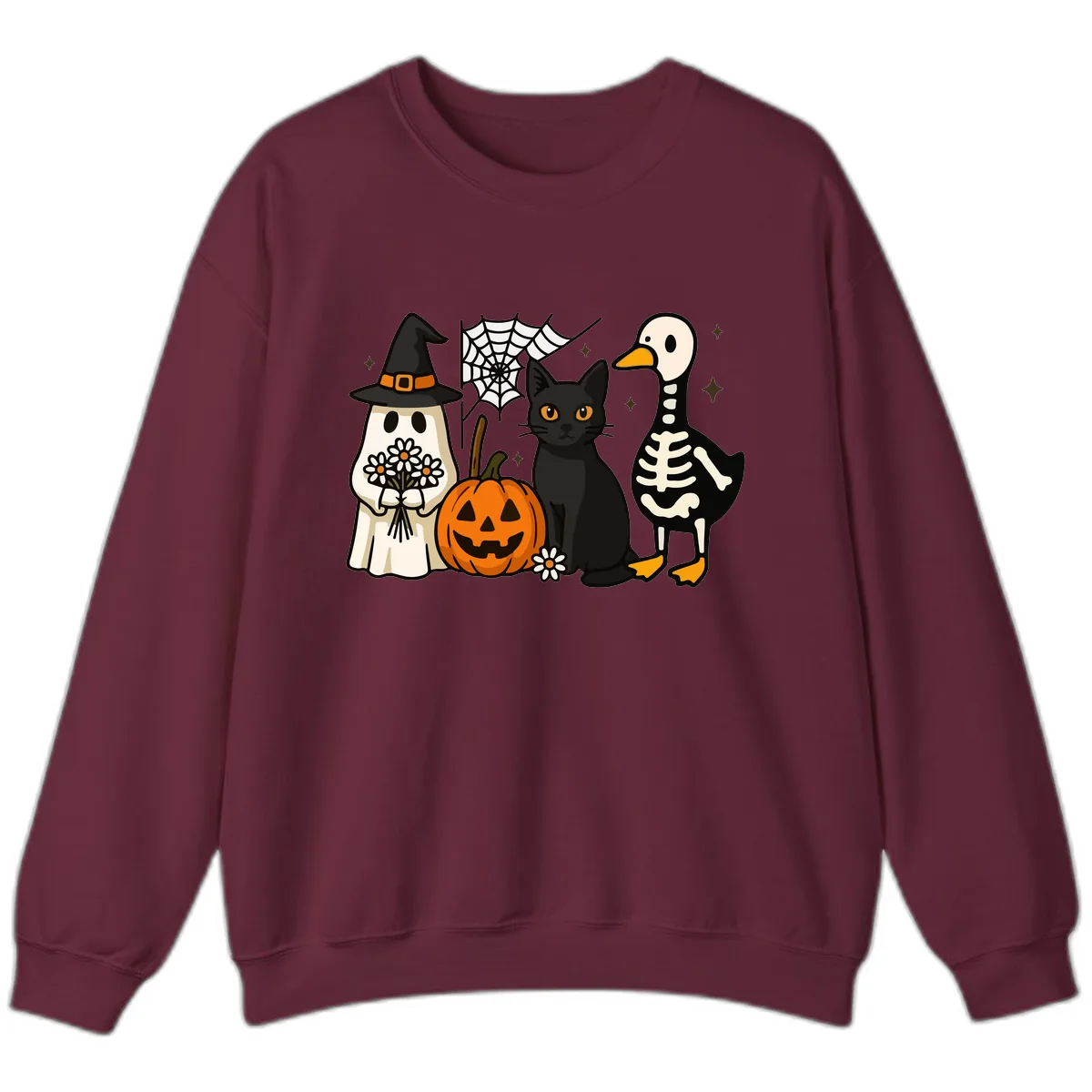 Ghostly Halloween Pals Design Sweatshirt in Maroon