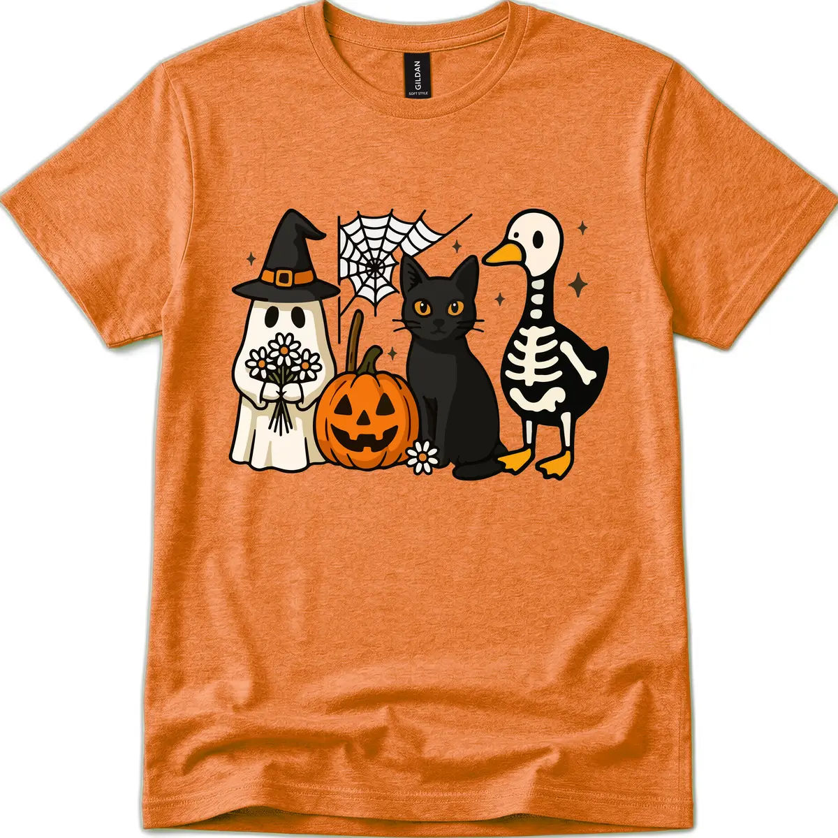 Ghostly Halloween Pals Design T-Shirt in Heather Orange