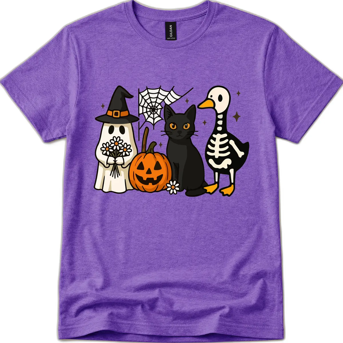 Ghostly Halloween Pals Design T-Shirt in Heather Purple