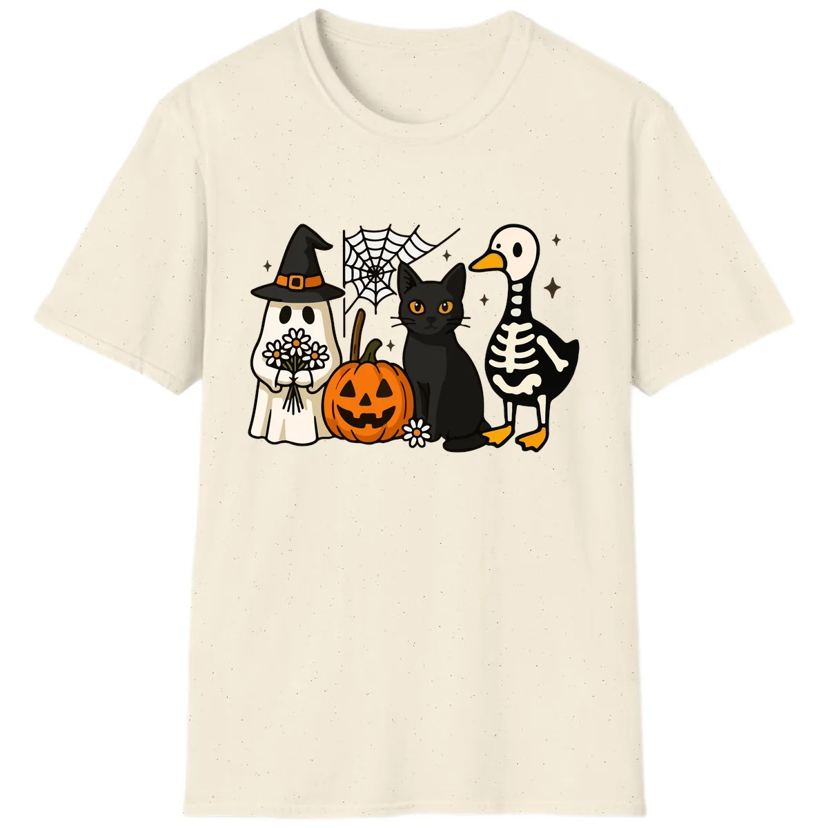 Ghostly Halloween Pals Design T-Shirt in Natural