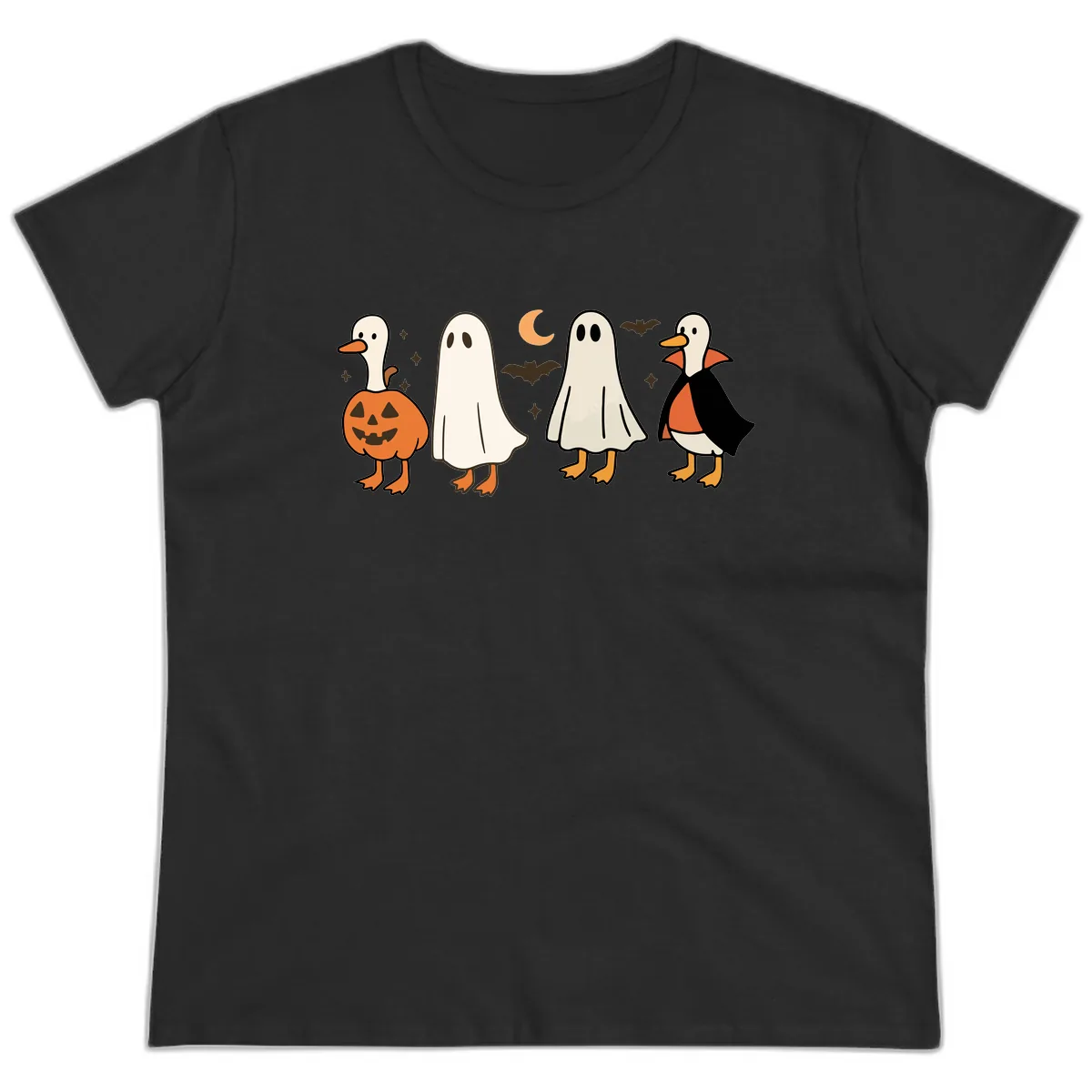 Halloween Duck And Ghost Friends Ladies Tee in Black