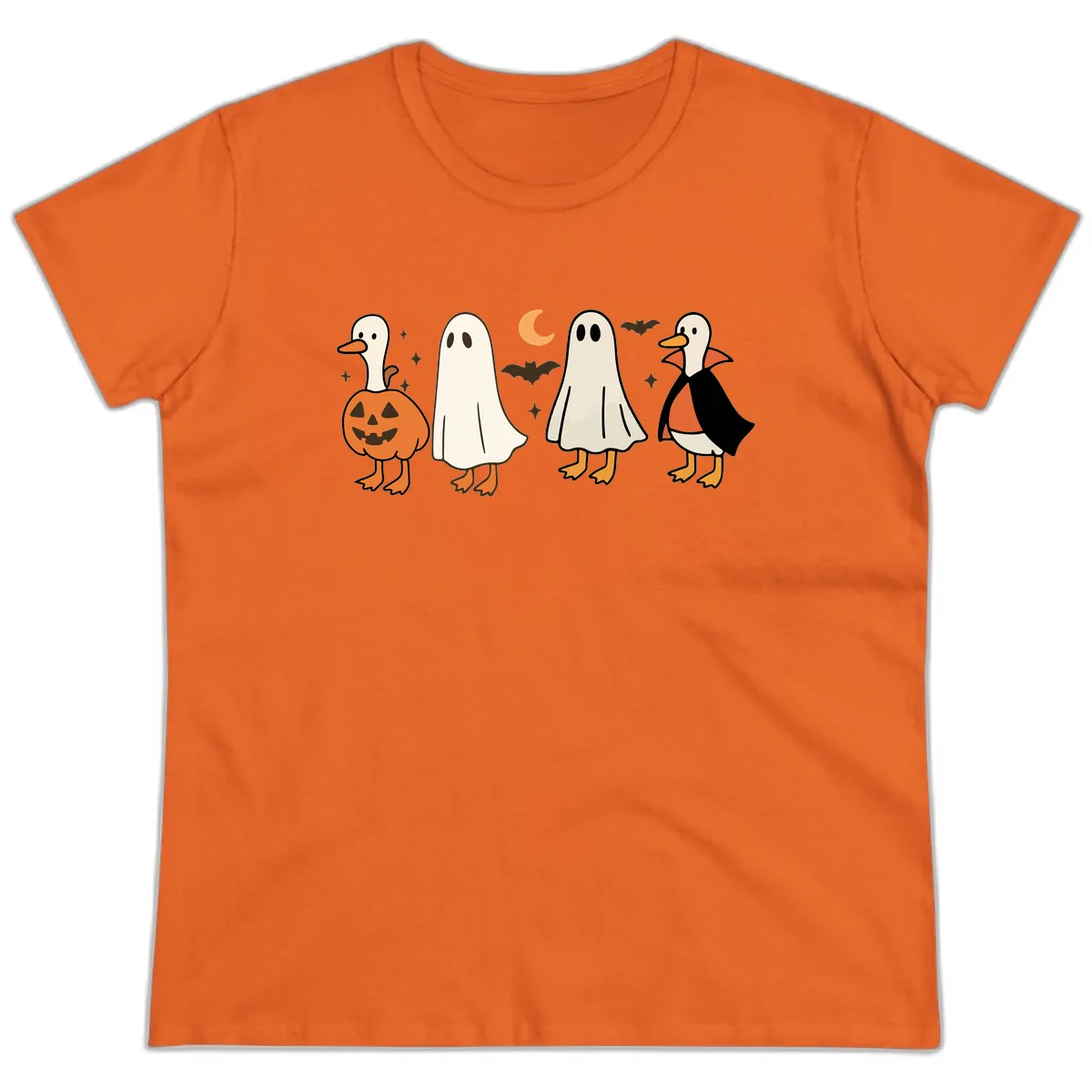 Halloween Duck And Ghost Friends Ladies Tee in Orange
