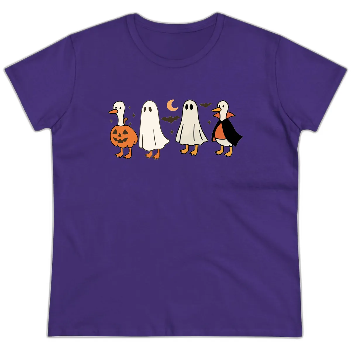 Halloween Duck And Ghost Friends Ladies Tee in Purple
