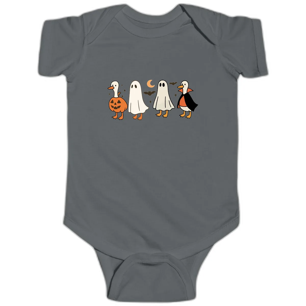 Halloween Duck And Ghost Friends Baby Onesie in Charcoal