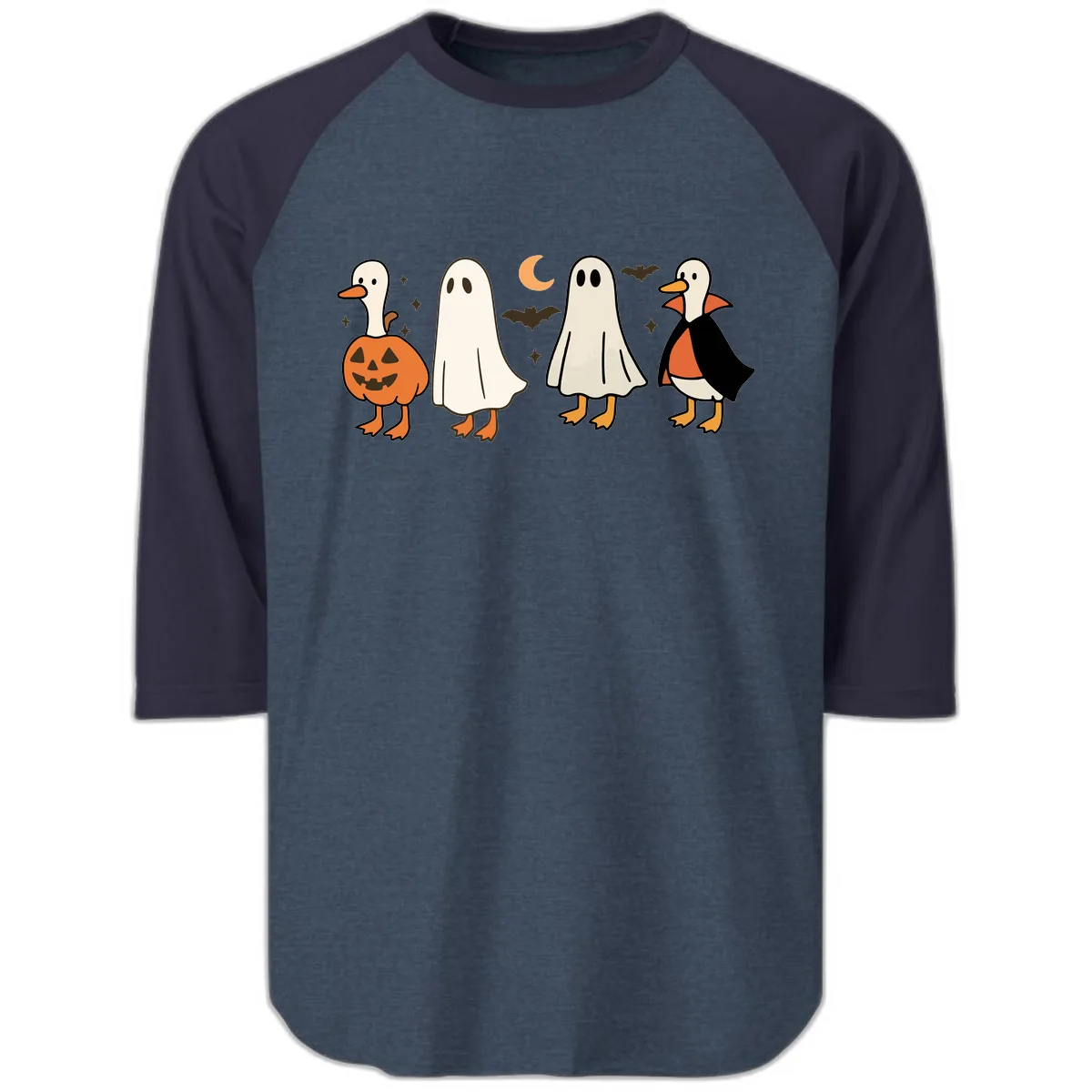 Halloween Duck And Ghost Friends Raglan 3/4 in Heather Denim Navy