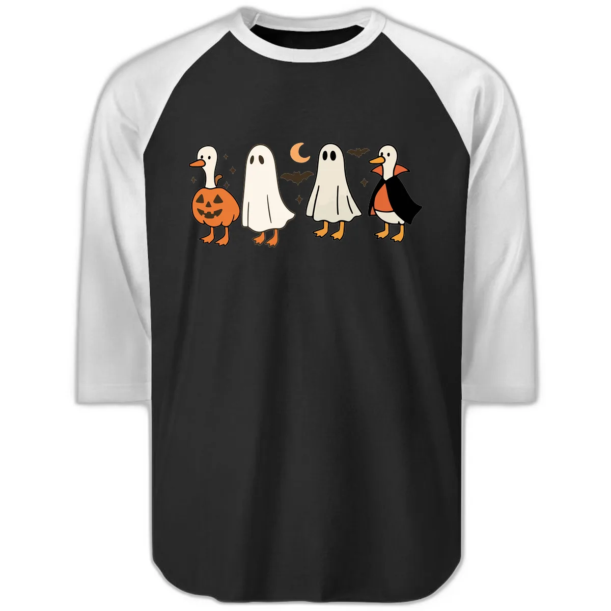 Halloween Duck And Ghost Friends Raglan 3/4 in Black White