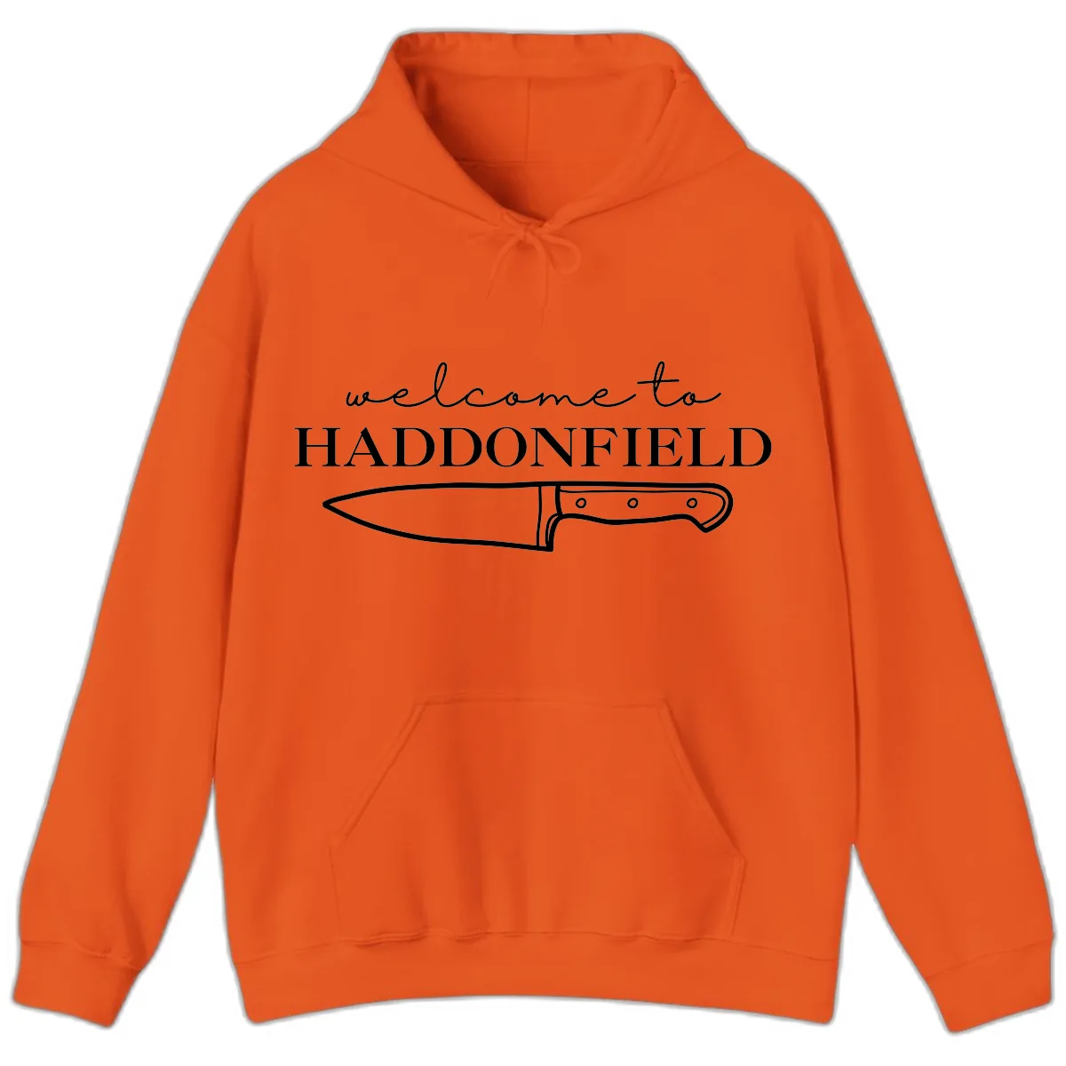 Welcome To Haddonfield Halloween Knife Design Hoodie in Orange
