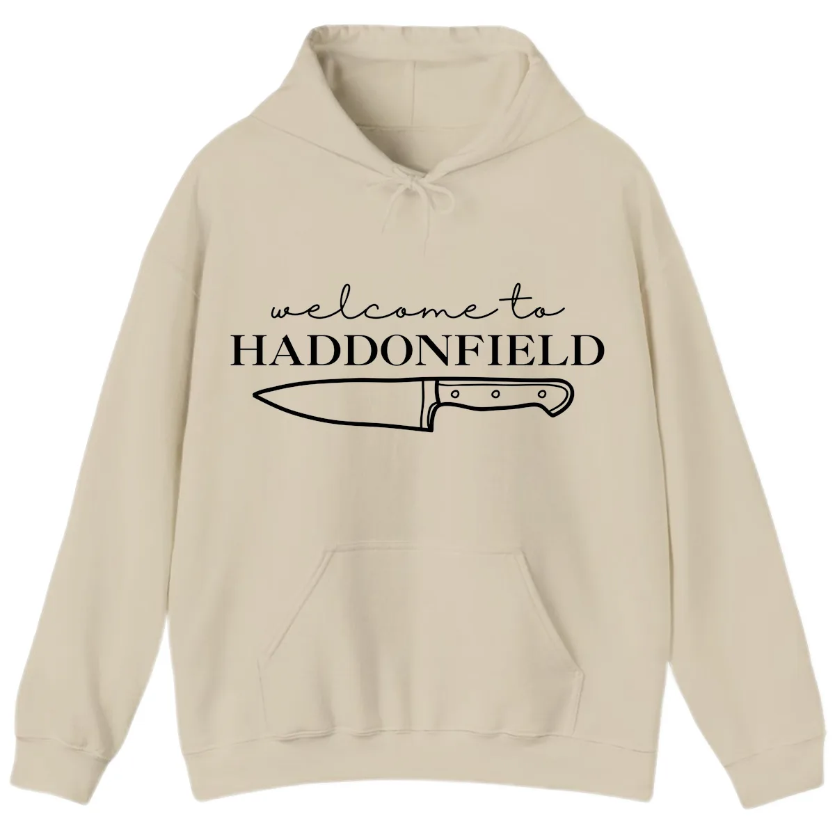 Welcome To Haddonfield Halloween Knife Design Hoodie in Sand