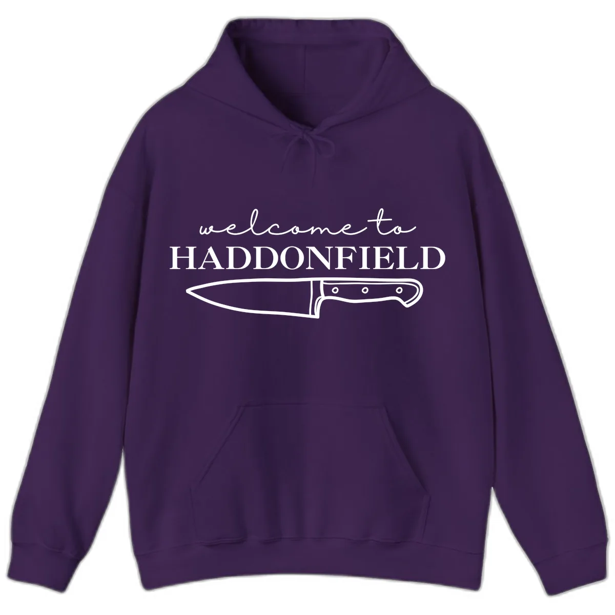 Welcome To Haddonfield Halloween Knife Design Hoodie in Purple