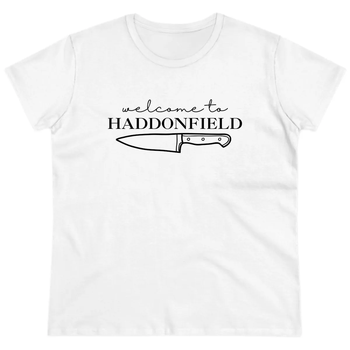 Welcome To Haddonfield Halloween Knife Design Ladies Tee in White