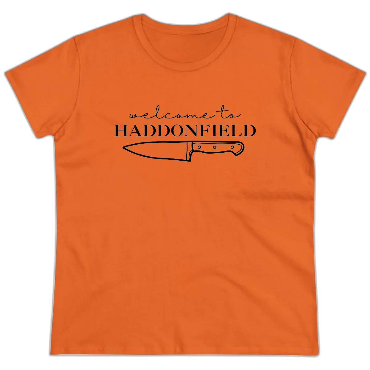 Welcome To Haddonfield Halloween Knife Design Ladies Tee in Orange