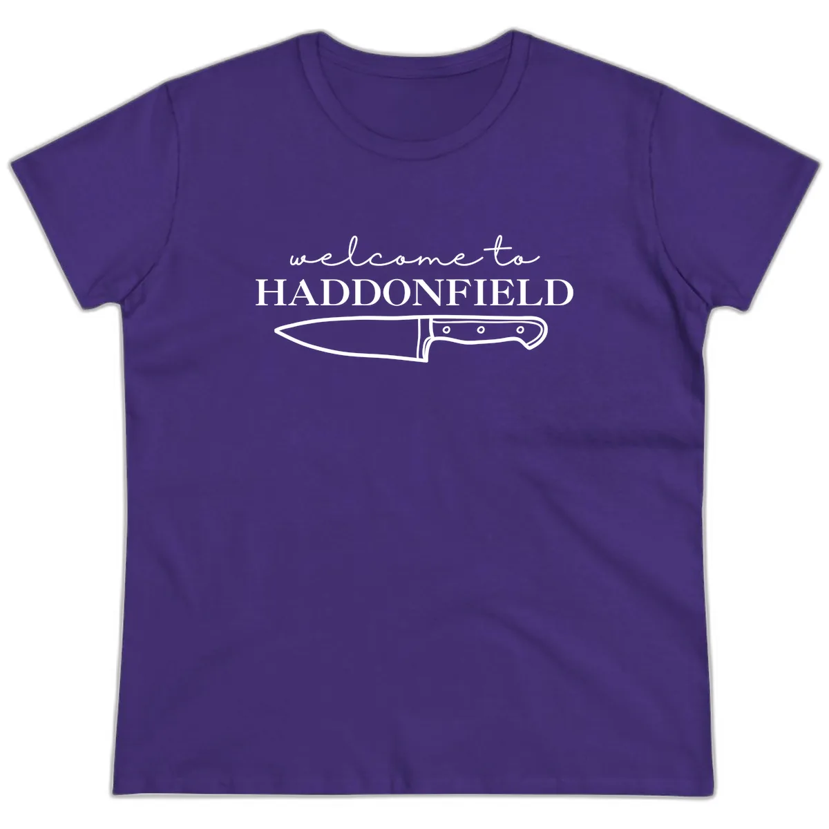 Welcome To Haddonfield Halloween Knife Design Ladies Tee in Purple