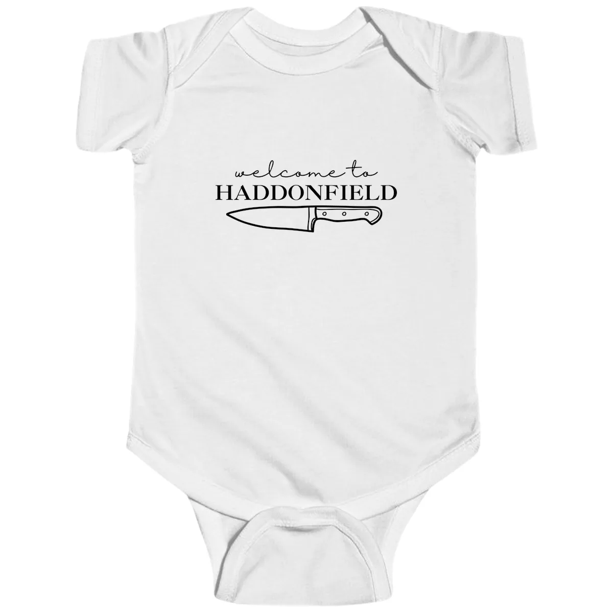 Welcome To Haddonfield Halloween Knife Design Baby Onesie in White