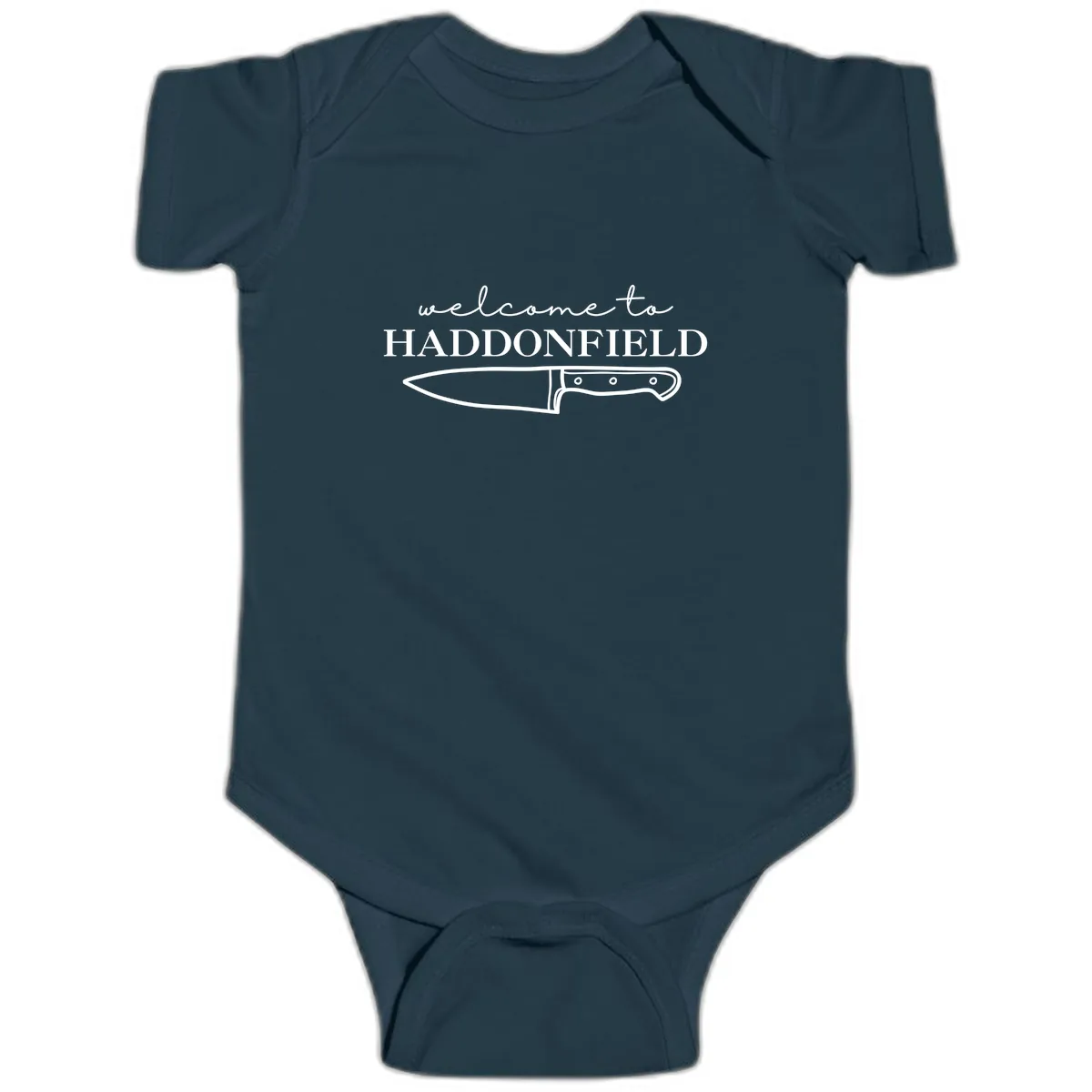 Welcome To Haddonfield Halloween Knife Design Baby Onesie in Navy