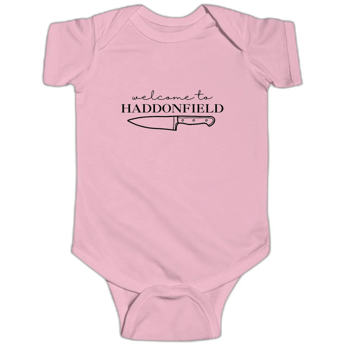 Welcome To Haddonfield Halloween Knife Design Baby Onesie in Pink