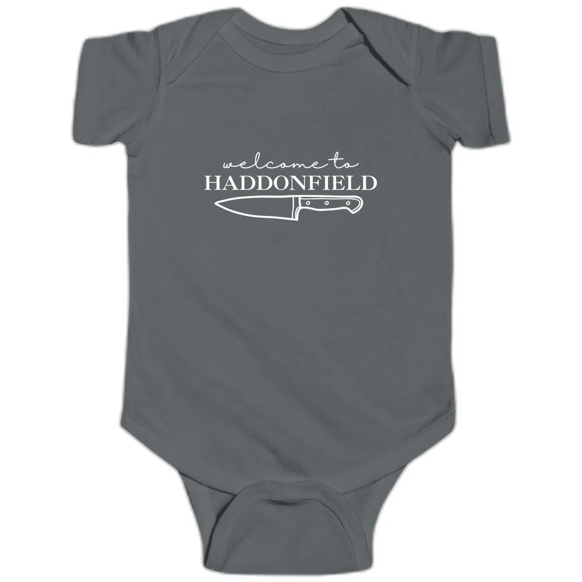 Welcome To Haddonfield Halloween Knife Design Baby Onesie in Charcoal