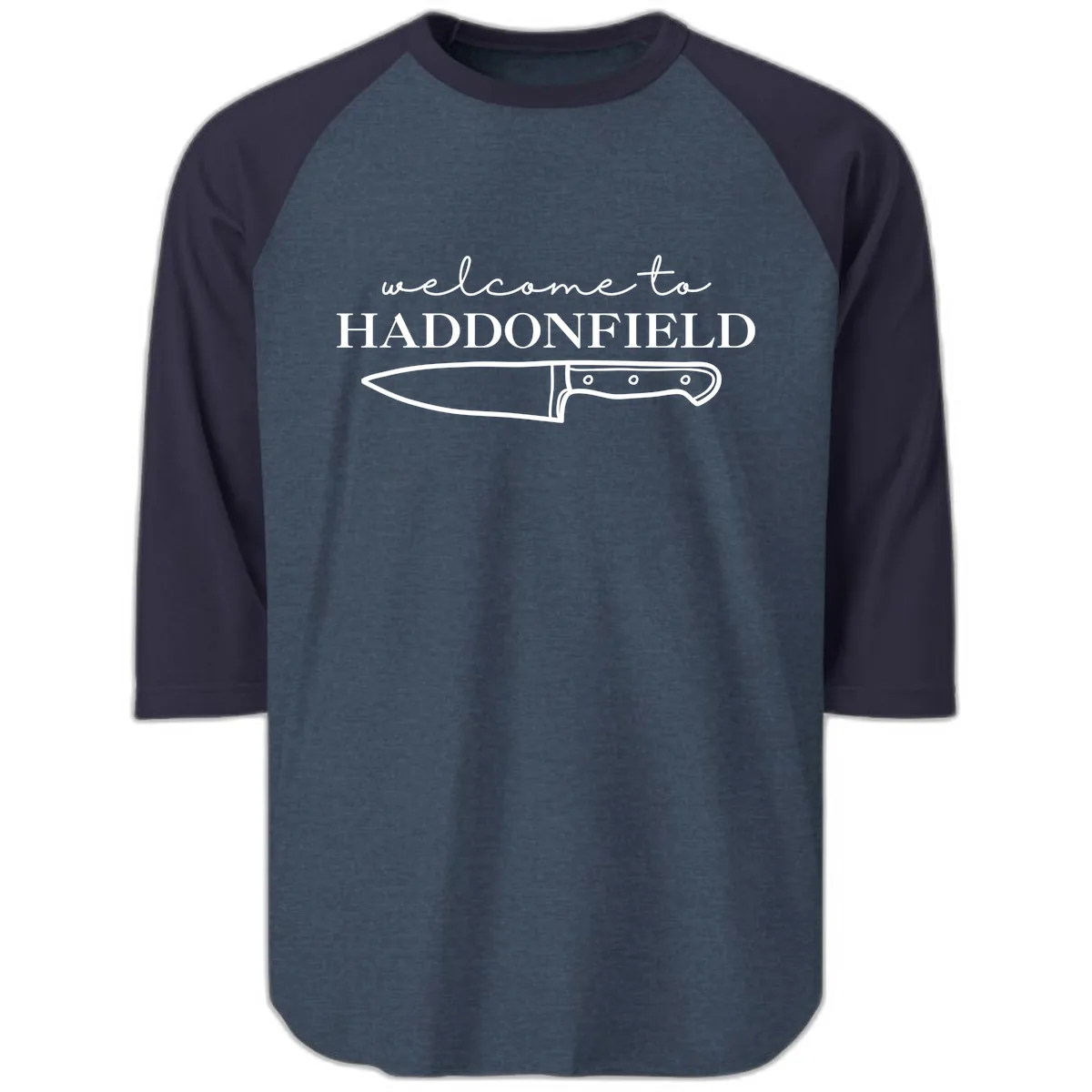 Welcome To Haddonfield Halloween Knife Design Raglan 3/4 in Heather Denim Navy