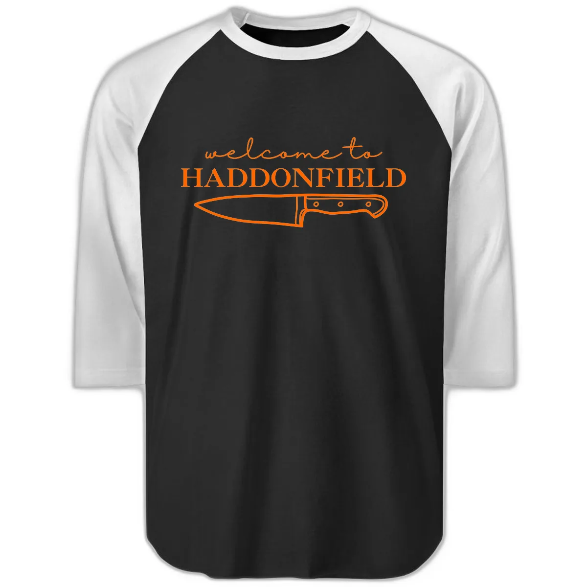 Welcome To Haddonfield Halloween Knife Design Raglan 3/4 in Black White