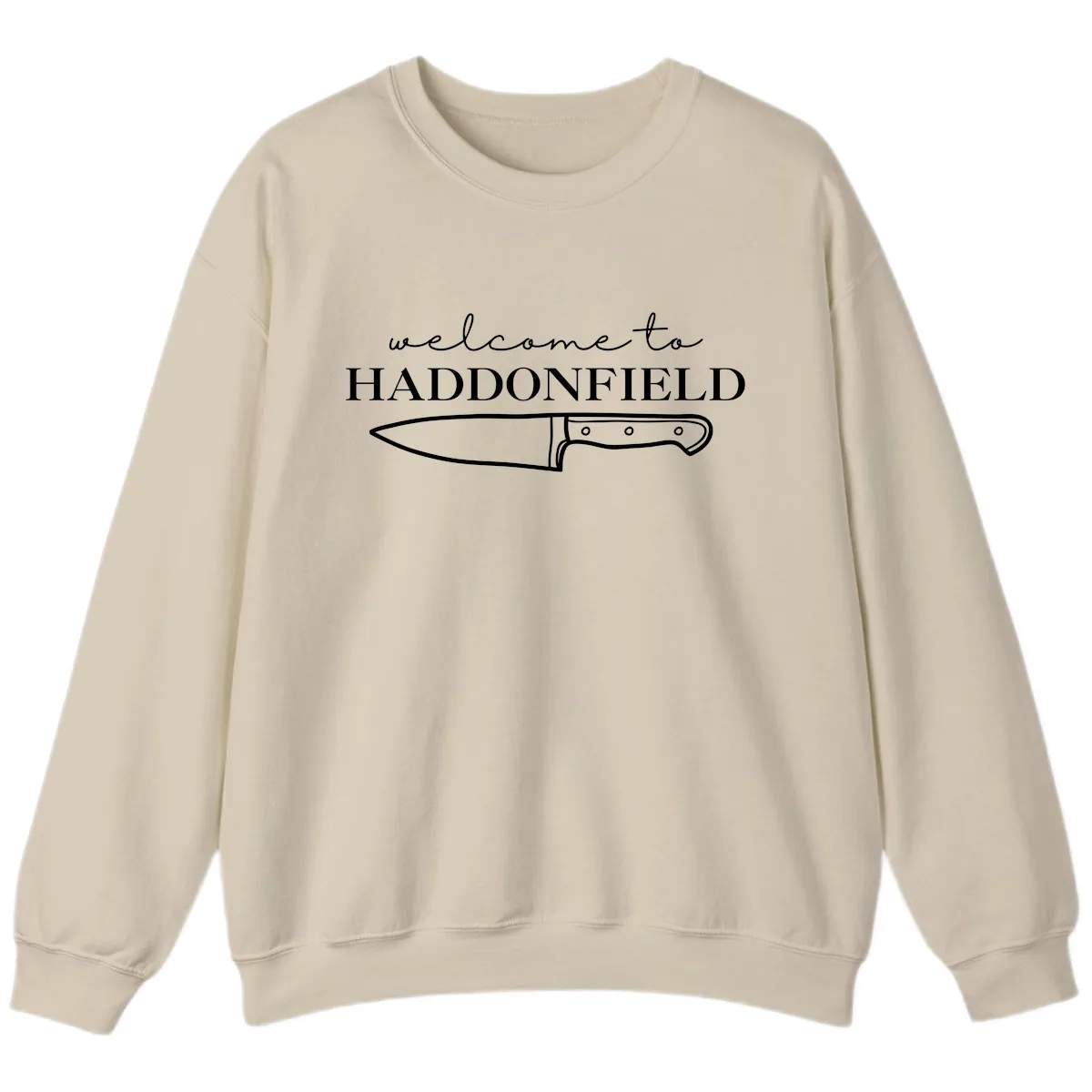 Welcome To Haddonfield Halloween Knife Design Sweatshirt in Sand