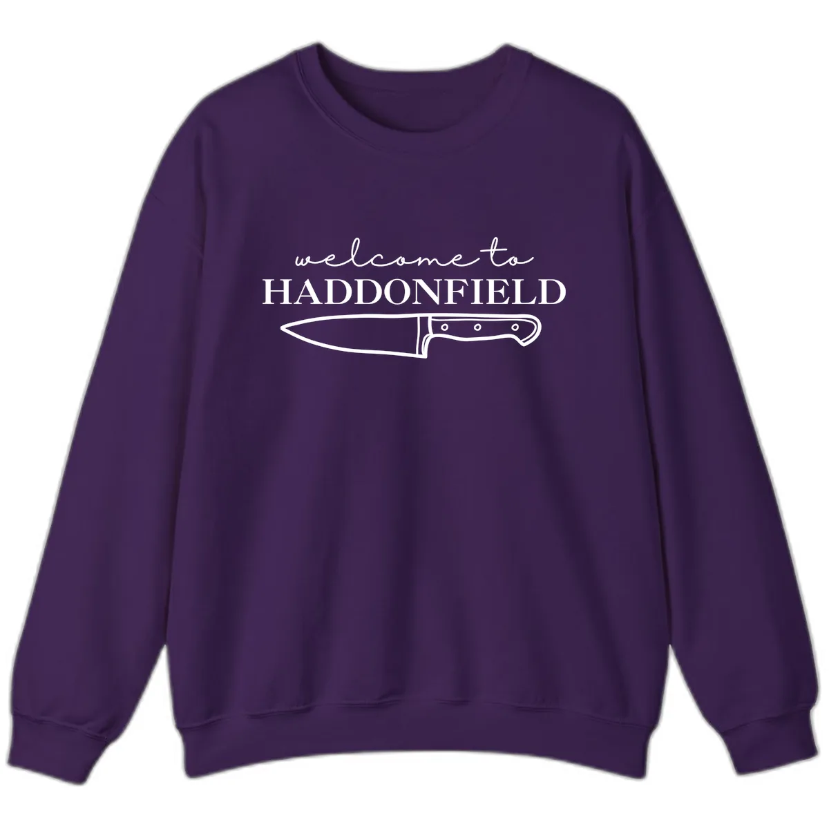 Welcome To Haddonfield Halloween Knife Design Sweatshirt in Purple