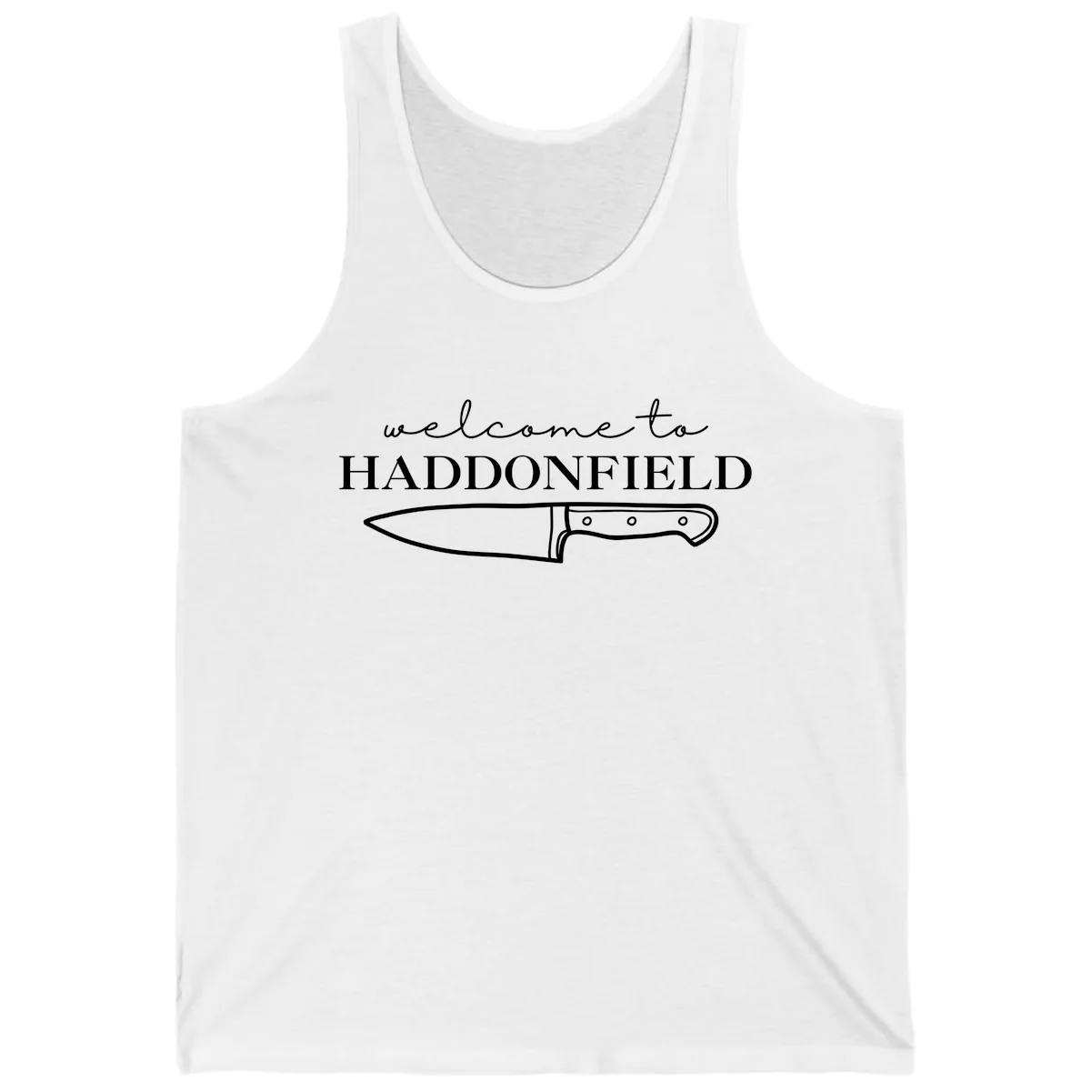 Welcome To Haddonfield Halloween Knife Design Tank in White