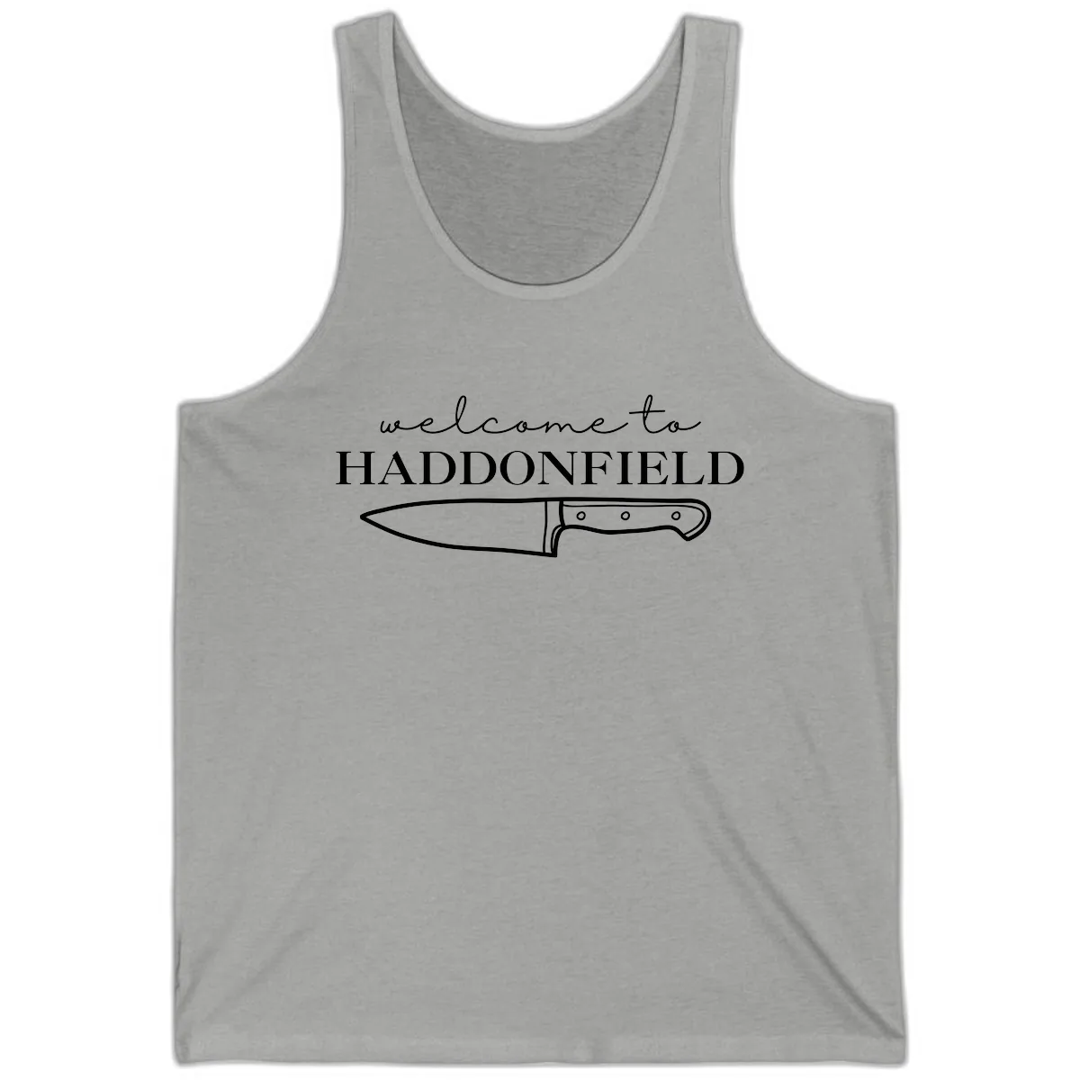 Welcome To Haddonfield Halloween Knife Design Tank in Athletic Heather
