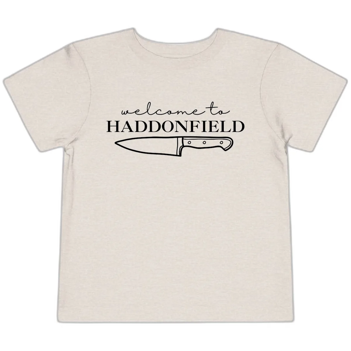 Welcome To Haddonfield Halloween Knife Design Toddler T-Shirt in Heather Dust