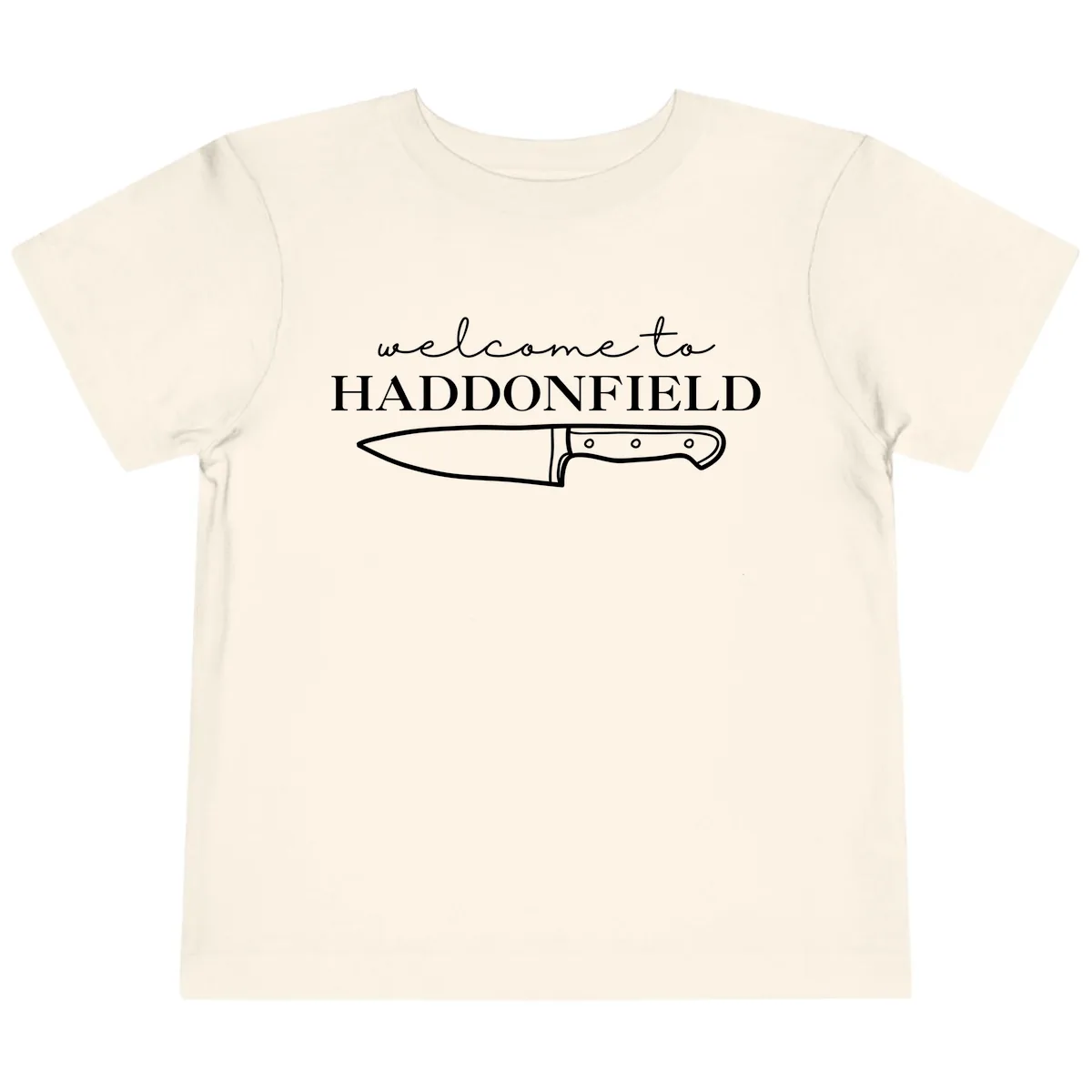 Welcome To Haddonfield Halloween Knife Design Toddler T-Shirt in Natural