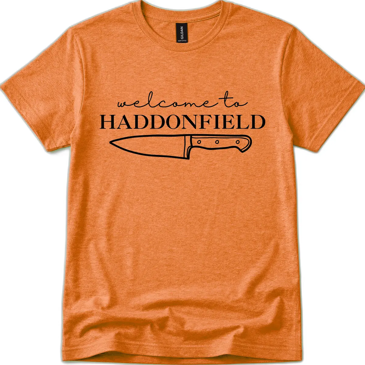 Welcome To Haddonfield Halloween Knife Design T-Shirt in Heather Orange