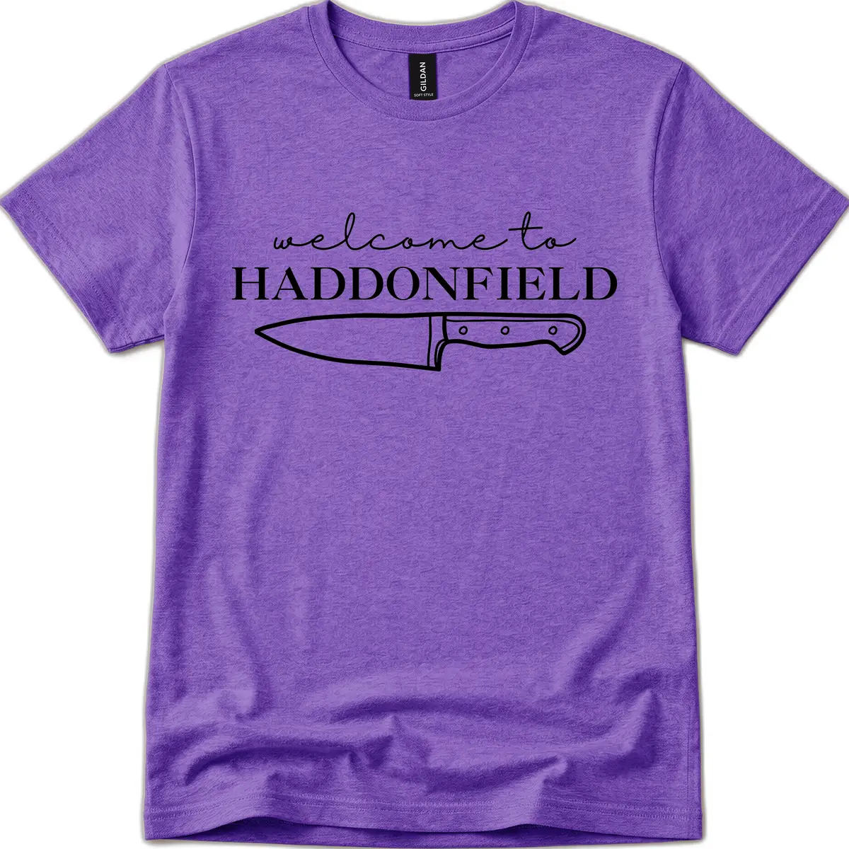 Welcome To Haddonfield Halloween Knife Design T-Shirt in Heather Purple
