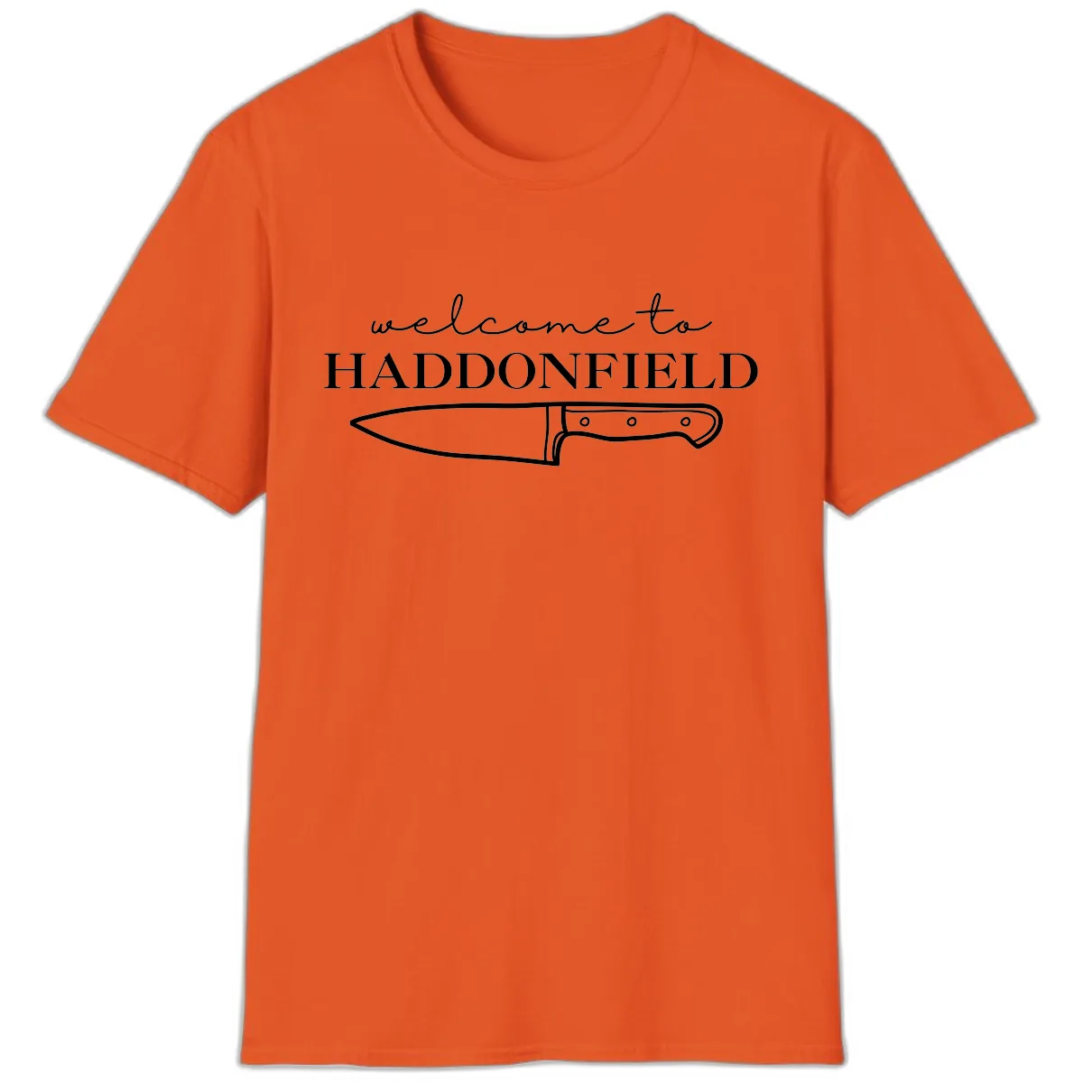 Welcome To Haddonfield Halloween Knife Design T-Shirt in Orange