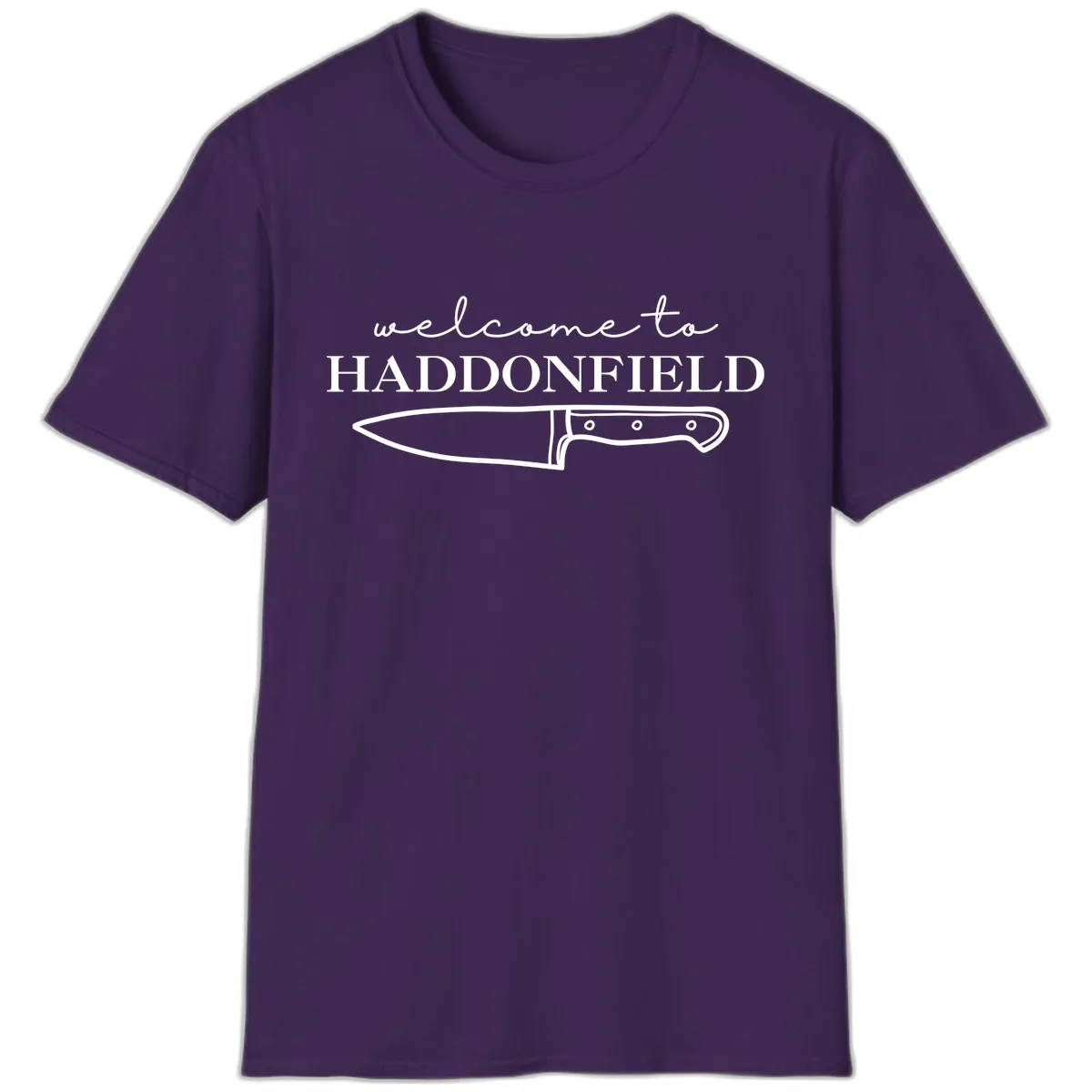 Welcome To Haddonfield Halloween Knife Design T-Shirt in Purple